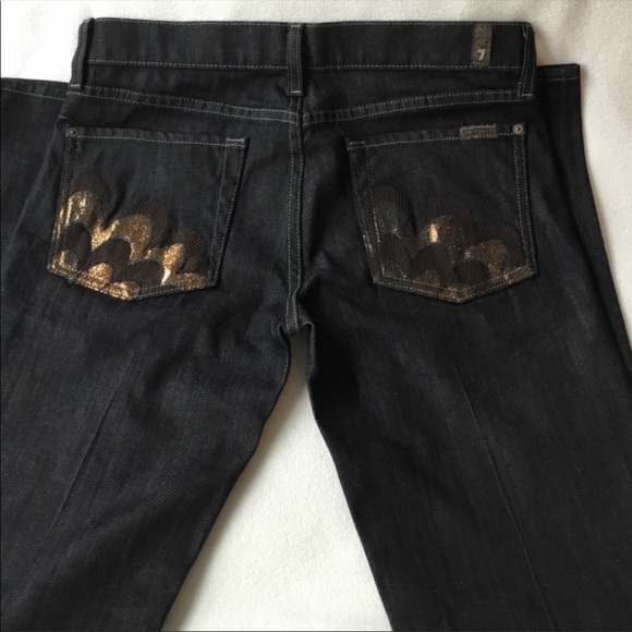 Y2K Tall Dark Denim Straight Flare 7 For All Mankind Metallic Jeans Long 27 - Picture 4 of 6